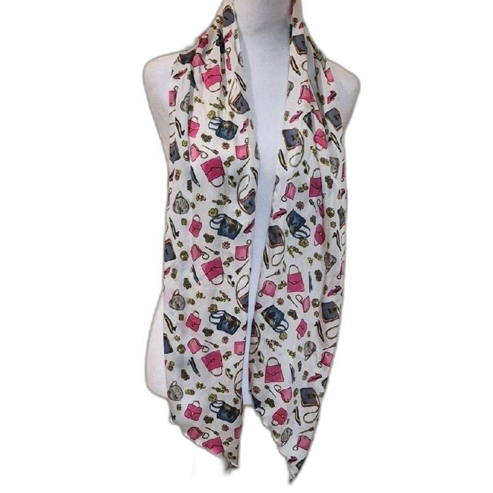 Vintage Novelty Print Silk Scarf White Pink Retro Camera Sunglasses Makeup
